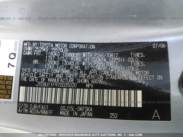 JTEBU11F970035020 - 2007 TOYOTA FJ CRUISER SILVER photo 9