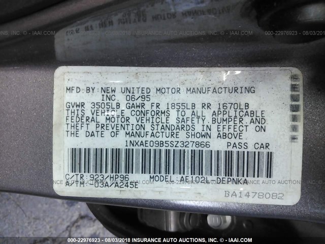 1NXAE09B5SZ327866 - 1995 TOYOTA COROLLA LE/DX GRAY photo 9