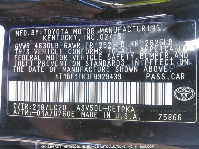 4T1BF1FK3FU929439 - 2015 TOYOTA CAMRY LE/XLE/SE/XSE 黑色 照片 9