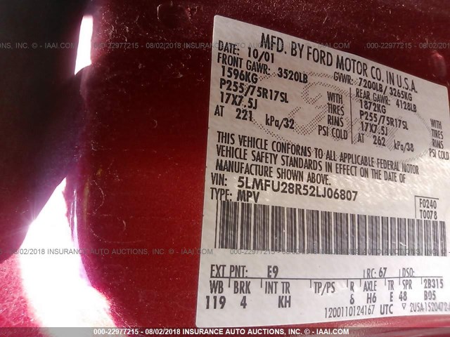 5LMFU28R52LJ06807 - 2002 LINCOLN NAVIGATOR 红色 照片 9