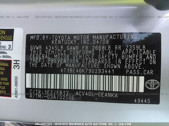 4T1BE46K79U293441 - 2009 TOYOTA CAMRY SE/LE/XLE ვერცხლისფერი ფოტო 9