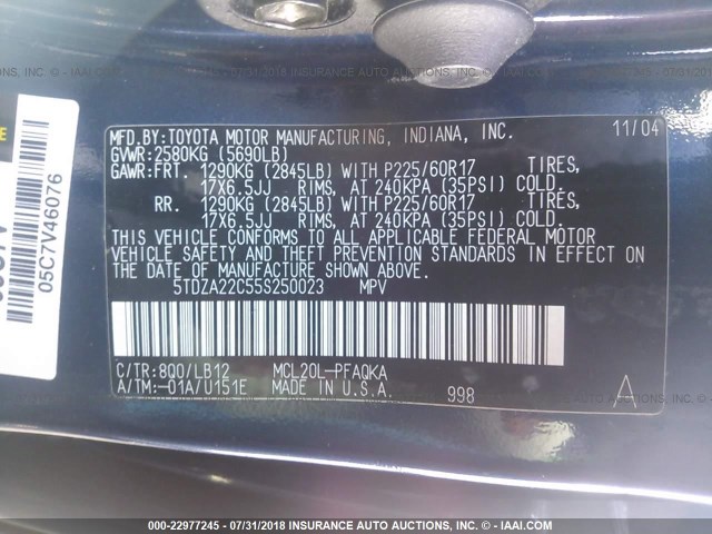 5TDZA22C55S250023 - 2005 TOYOTA SIENNA XLE/XLE LIMITED BLUE photo 9