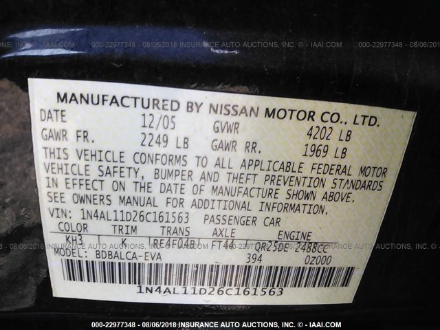 1N4AL11D26C161563 - 2006 NISSAN ALTIMA S/SL BLACK photo 9