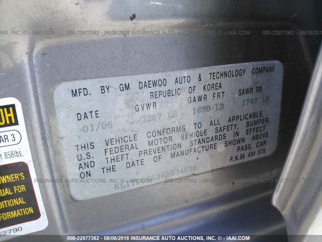 KL1TD66636B634035 - 2006 CHEVROLET AVEO LS GRAY photo 9