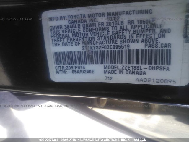 2T1KY32E03C095519 - 2003 TOYOTA COROLLA MATRIX XRS BLACK photo 9