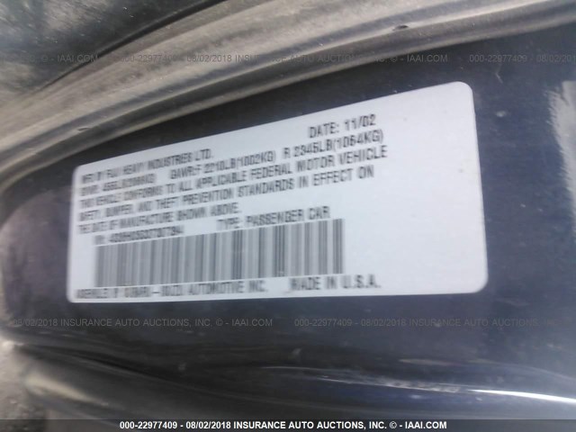 4S3BH635337307394 - 2003 SUBARU LEGACY L/L SPECIAL BLUE photo 9