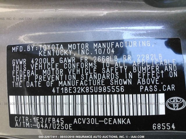 4T1BE32K85U985556 - 2005 TOYOTA CAMRY LE/XLE/SE Boz foto 9