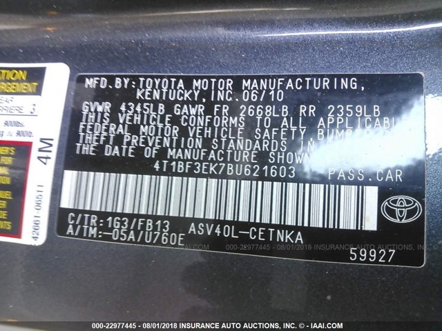 4T1BF3EK7BU621603 - 2011 TOYOTA CAMRY SE/LE/XLE ნაცრისფერი ფოტო 9