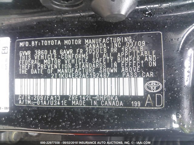 2T1KU4EE2AC192487 - 2010 TOYOTA COROLLA MATRIX  BLACK photo 9