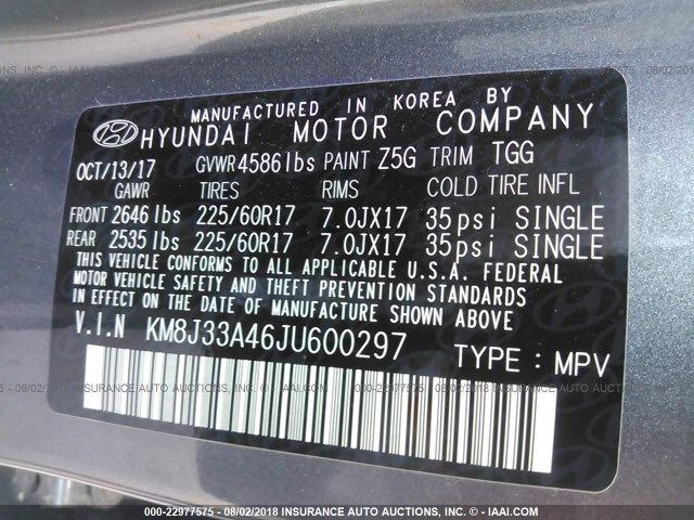 KM8J33A46JU600297 - 2018 HYUNDAI TUCSON SEL/SEL PLUS GRAY photo 9