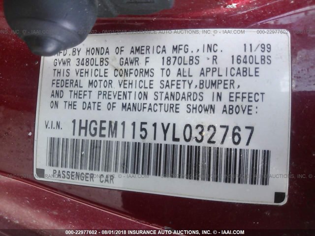 1HGEM1151YL032767 - 2000 HONDA CIVIC SI/SIR RED photo 9