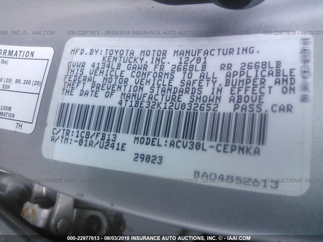 4T1BE32K12U032652 - 2002 TOYOTA CAMRY LE/XLE/SE Gümüş foto 9