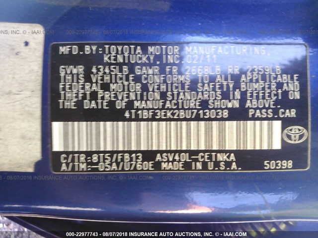 4T1BF3EK2BU713038 - 2011 TOYOTA CAMRY SE/LE/XLE ლურჯი ფოტო 9