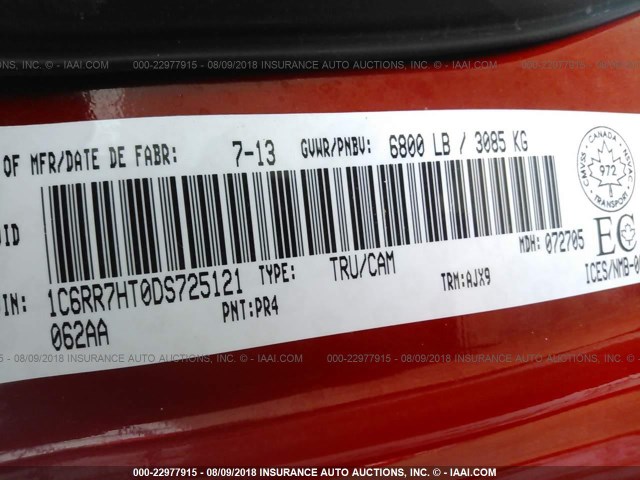 1C6RR7HT0DS725121 - 2013 RAM 1500 SPORT RED photo 9