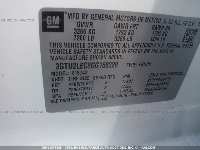 3GTU2LEC8GG168328 - 2016 GMC SIERRA K1500 WHITE photo 9