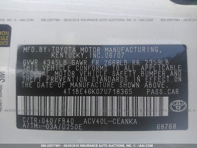4T1BE46K07U718365 - 2007 TOYOTA CAMRY NEW GENERAT CE/LE/XLE/SE WHITE photo 9