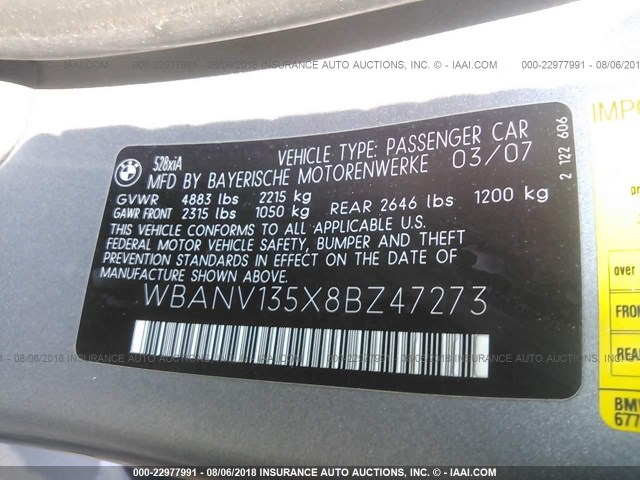 WBANV135X8BZ47273 - 2008 BMW 528 XI GRAY photo 9