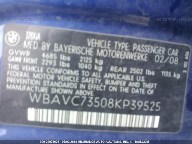 WBAVC73508KP39525 - 2008 BMW 328 XI SULEV BLUE photo 9