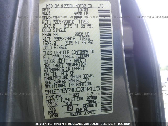 5N1ED28Y74C603415 - 2004 NISSAN XTERRA XE/SE GRAY photo 9