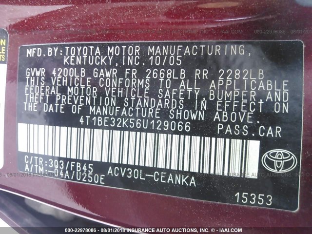 4T1BE32K56U129066 - 2006 TOYOTA CAMRY LE/XLE/SE 红色 照片 9