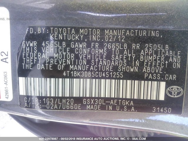 4T1BK3DB5CU451255 - 2012 TOYOTA AVALON LIMITED GRAY photo 9