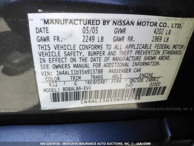 1N4AL11D35N913788 - 2005 NISSAN ALTIMA S/SL GRAY photo 9