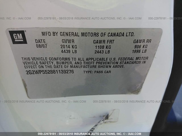 2G2WP552881139276 - 2008 PONTIAC GRAND PRIX თეთრი ფოტო 9