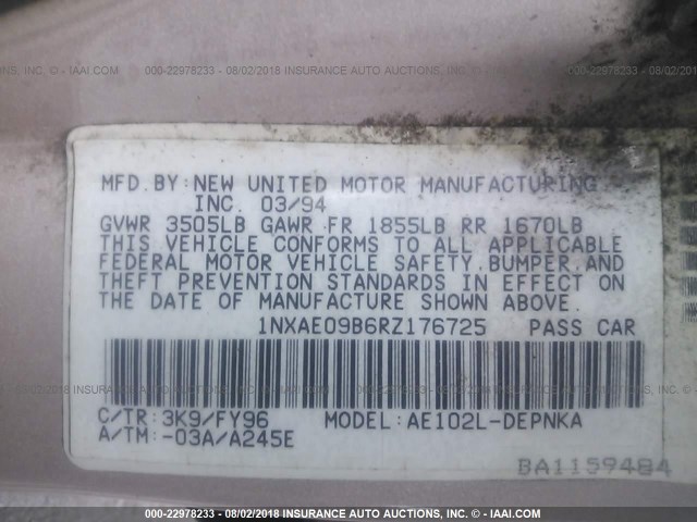 1NXAE09B6RZ176752 - 1994 TOYOTA COROLLA LE/DX ოქროსფერი ფოტო 9