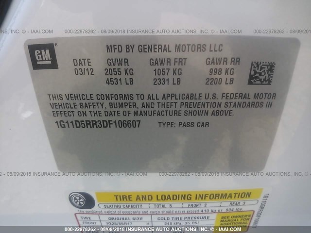 1G11D5RR3DF106607 - 2013 CHEVROLET MALIBU 1LT 白色 照片 9