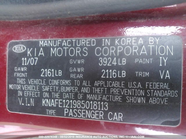 KNAFE121985018113 - 2008 KIA SPECTRA EX/LX/SX RED photo 9