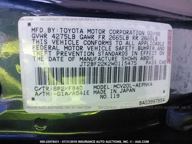 JT2BF22K2W0115475 - 1998 TOYOTA CAMRY CE/LE/XLE GREEN photo 9