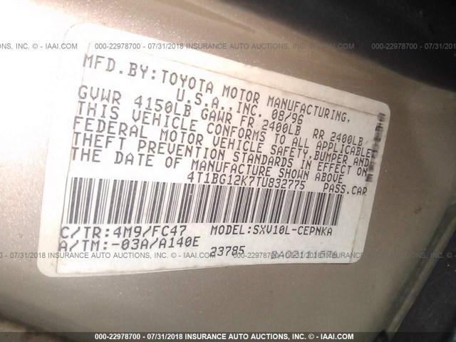 4T1BG12K7TU832775 - 1996 TOYOTA CAMRY DX/LE/XLE GOLD photo 9