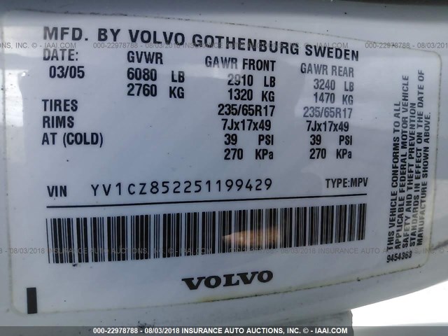 YV1CZ852251199429 - 2005 VOLVO XC90 V8 WHITE photo 9