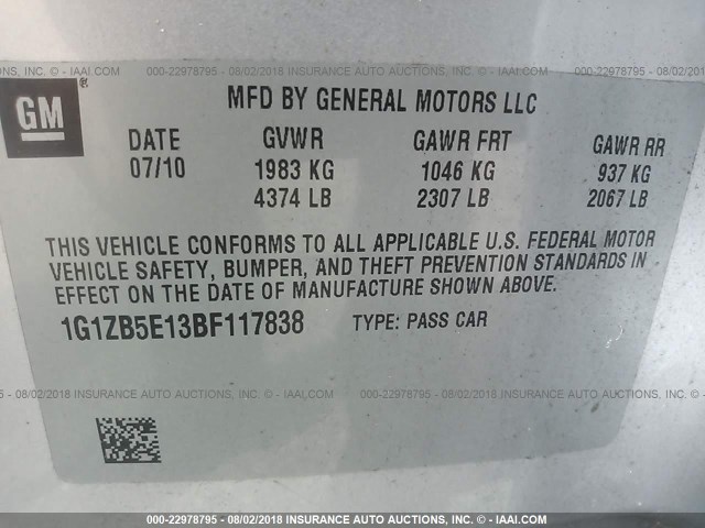 1G1ZB5E13BF117838 - 2011 CHEVROLET MALIBU LS Gümüş foto 9