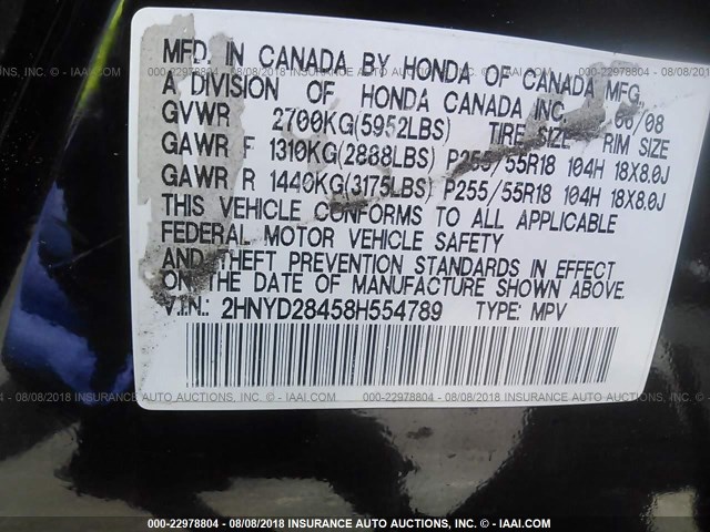 2HNYD28458H554789 - 2008 ACURA MDX TECHNOLOGY BLACK photo 9