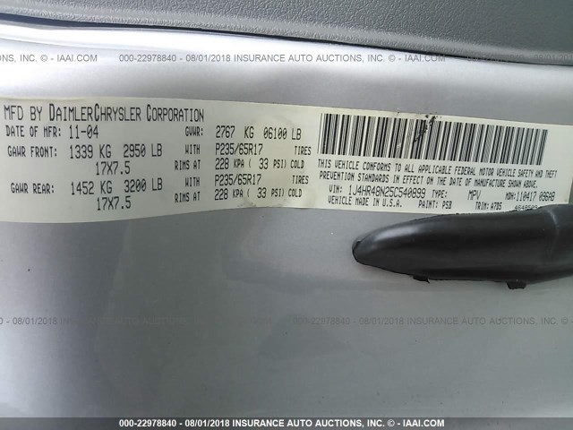 1J4HR48N25C540899 - 2005 JEEP GRAND CHEROKEE LAREDO/COLUMBIA/FREEDOM 银色 照片 9