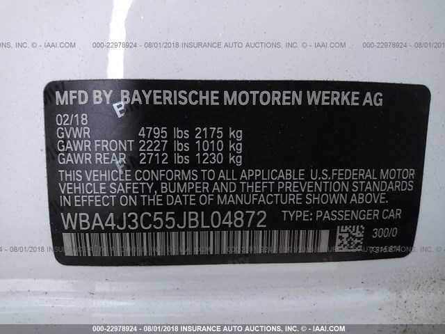 WBA4J3C55JBL04872 - 2018 BMW 430XI GRAN COUPE 白色 照片 9