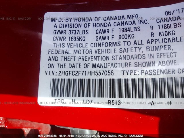 2HGFC2F71HH557056 - 2017 HONDA CIVIC EX RED photo 9