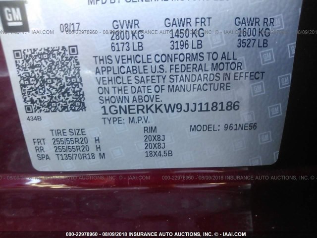 1GNERKKW9JJ118186 - 2018 CHEVROLET TRAVERSE PREMIER RED photo 9