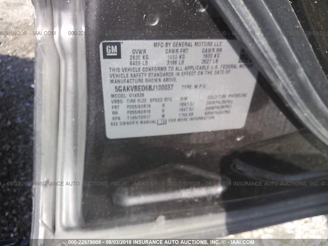 5GAKVBED6BJ100037 - 2011 BUICK ENCLAVE CXL მუქი ყავისფერი ფოტო 9