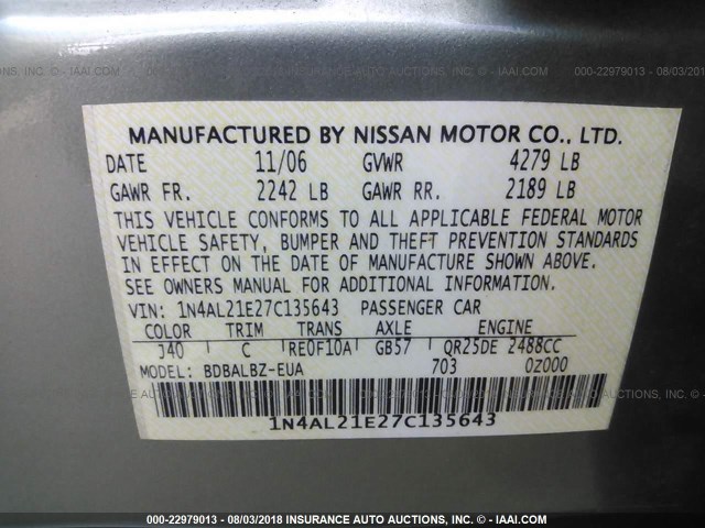 1N4AL21E27C135643 - 2007 NISSAN ALTIMA 2.5/2.5S GREEN photo 9