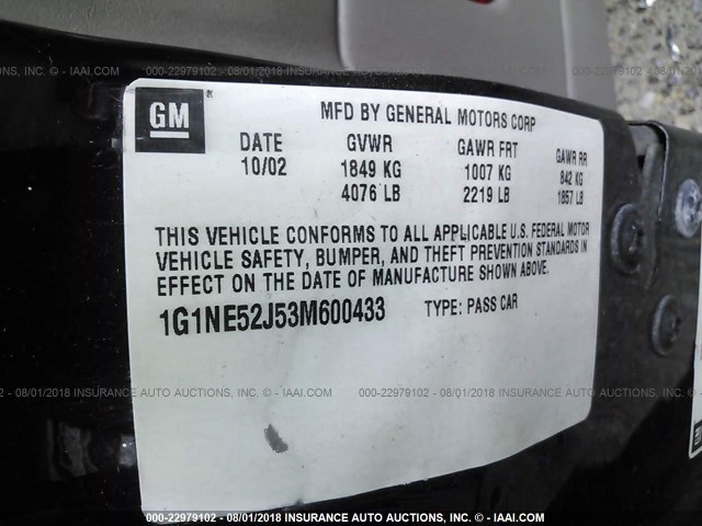 1G1NE52J53M600433 - 2003 CHEVROLET MALIBU LS BLACK photo 9