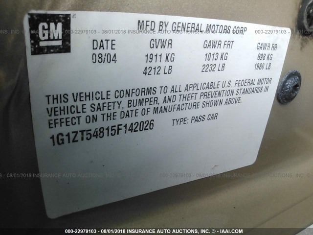 1G1ZT54815F142026 - 2005 CHEVROLET MALIBU LS 棕色 照片 9