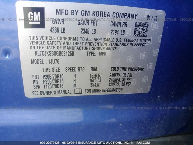 KL7CJKSB0GB621268 - 2016 CHEVROLET TRAX LS BLUE photo 9