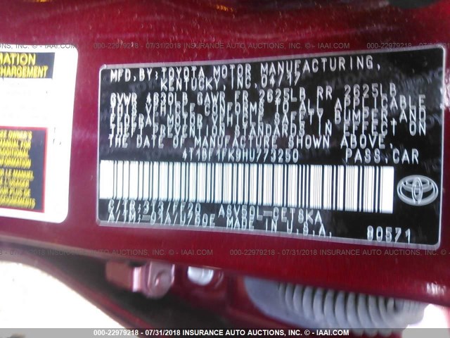 4T1BF1FK9HU773250 - 2017 TOYOTA CAMRY LE/XLE/SE/XSE 红色 照片 9