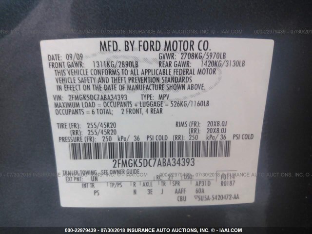 2FMGK5DC7ABA34393 - 2010 FORD FLEX LIMITED BLUE photo 9