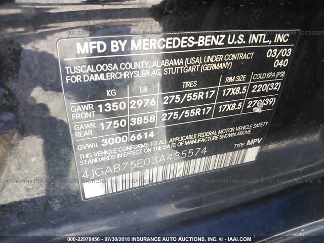 4JGAB75E03A435574 - 2003 MERCEDES-BENZ ML BLACK photo 9