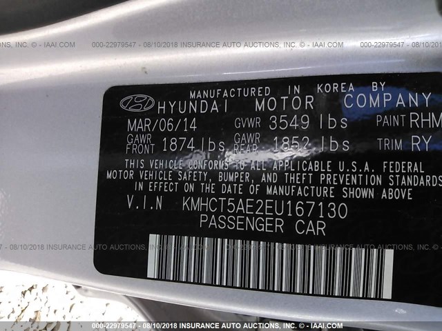 KMHCT5AE2EU167130 - 2014 HYUNDAI ACCENT GLS/GS SILVER photo 9