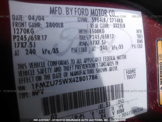 1FMZU75WX4ZB01786 - 2004 FORD EXPLORER LIMITED RED photo 9