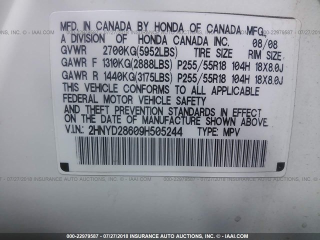 2HNYD28609H505244 - 2009 ACURA MDX TECHNOLOGY WHITE photo 9